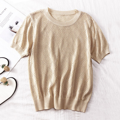 

Elegant Summer Autumn Woman T-Shirt Hollow Crochet Flower Thin Short-Sleeved Round Neck Pullover Knit Comfort T Shirt