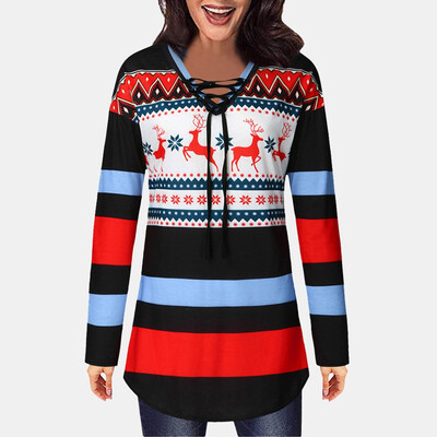 

Gobestart Christmas Women Winter Print Lace Up Tops Sweatshirt Blouse T-Shirt