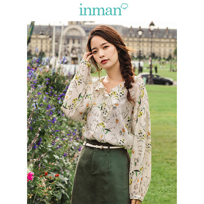 

INMAN 2019 spring new ruffled V-neck small fresh literary loose long-sleeved floral shirt shirt female 1891011517 white S