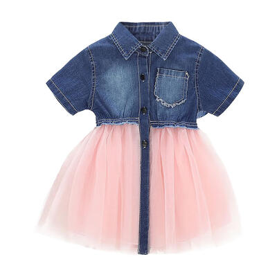 

Cute Princess Denim Lace Short Sleeve Tulle Dress Kids Girls Mesh Dresses