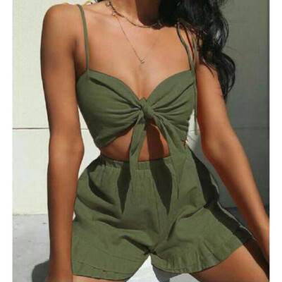 

Roseonmyhand Women Sexy Fashion Solid Color Strap Shirt Shorts Two-Piece Set