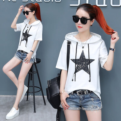 

Womens Hooded Star Print Short Sleeve Loose T-Shirt