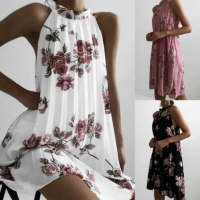 

Women Sleeveless Summer Boho Printed Beach Casual Loose Mini Shirt Beach Dress