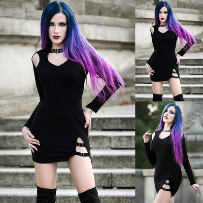 

Tailored Fashion Women Solid Color Punk Leaky Shoulder Long Sleeve O-Neck Dress