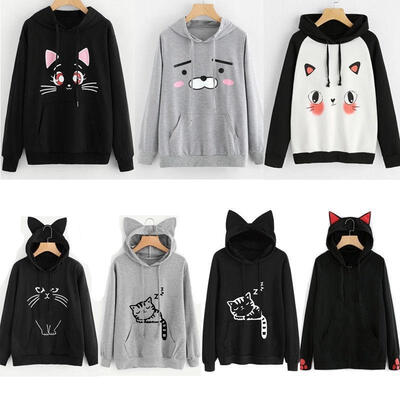 

Womens Cat Ear Girls Long Sleeve Hoodie Sweatshirt Hooded Coat Tops Blouse Cute