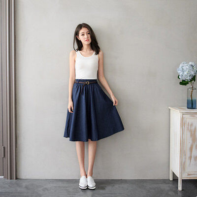 

Summer Autumn Women Denim Jeans Skirts A line Casual Belt Skirt High Elastic Waist Streetwear Midi Pleated Female Clothing