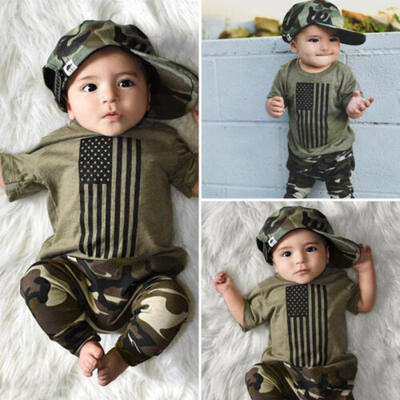 

US Newborn Kids Baby Boy Clothes USA Flag Tops T-Shirt Camo Long Pants Outfits