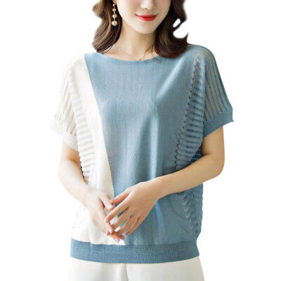 

Splicing Color Knitting Tees Tops Women Round Neck Batwing Sleeve T-shirts