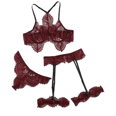 

Toponeto Womens Wine Lace Cutout Sexy Perspective Three-Piece Set