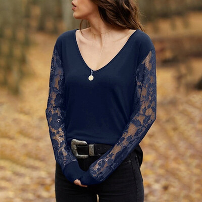 

Starmoon WomensFashion V Neck Solid Color Slim Fit Lace Long Sleeve Casual Basic T Shirt Blouses