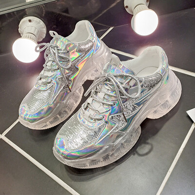 

European Station Spring Korean Edition Thick Jelly Bottom Mesh Breathable Laser Lace Sports Shoes Tide