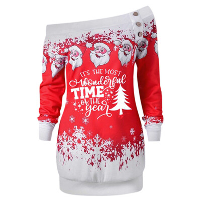 

Tailored Womens Fashion Santa Claus Snowflake Skew Neck Pullover Christmas Blouses