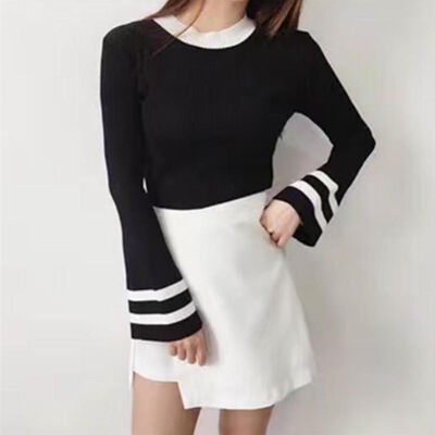 

O-Neck Bump Color Flare Full Sleeve Knit T-Shirt Women Casual Cotton Tops
