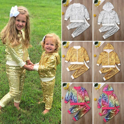 

UK Girls Kids Winter Outfits Sequin Zipper Pullover Tops Pants Clothes Tracksuit