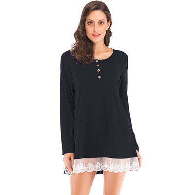 

Nomeni Women Spring Long Sleeve O Neck Lace Patchwork T Shirt Pullover Tops Blouse