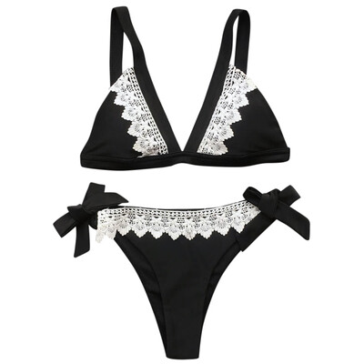 

Plunge Neck Backless Padded Spliced Lace Bowknot Low Waist Women Bikini Set