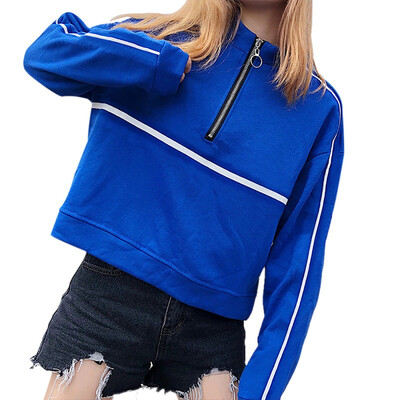 

1 Pcs Women Autumn Plus Size Harajuku Thin Zipper Long-sleeved Loose O-neck Short Tops Warm Outwear