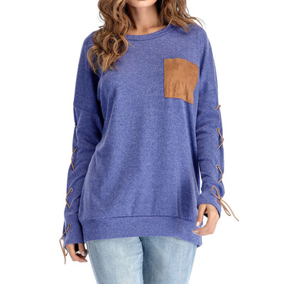 

Tailored Women O-Neck Long Sleeves Hand Cuff Strap Pocket Blouse With Head Sweatshirt