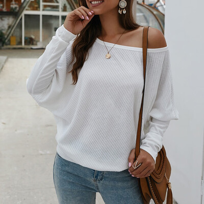 

Tailored Women Slash-Neck Solid Color Long Sleeve Knitted Sweaters Casual Blouse Tops