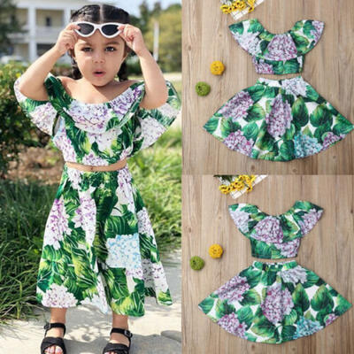 

Summer 2PCS Kids Baby Girls Off Shoulder Tops Long Skirts Clothes Outfits