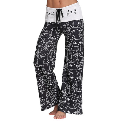Trendy Mid Waist Cat Print Wide-leg Drawstring Women Long Pants