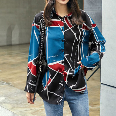 

Starmoon Fashion Women Top Button Lapel Shirt Color Patchwork Long Sleeve Loose Blouse