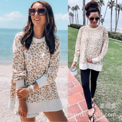 

2019 cross-border for autumn&winter new print leopard color matching round neck long-sleeved T-shirt bottoming shirt womens c