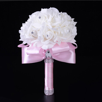 

Gobestart Crystal Roses Bridesmaid Wedding Bouquet Bridal Artificial Silk Flowers Hot Pink
