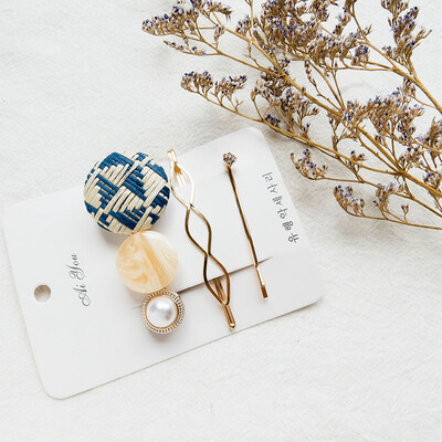 

Temperament Pearl Decoration Hairpins Plaid Pattern Three-piece Women Hair Clips