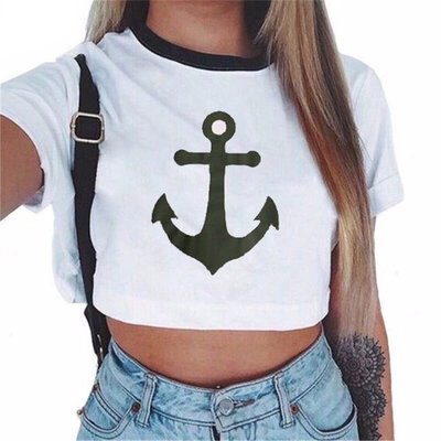 

2017 Summer Fashion Women Cotton Short Sleeve O-Neck Cotton Printing Half Waist T-Shirt Women Tee Tops L509