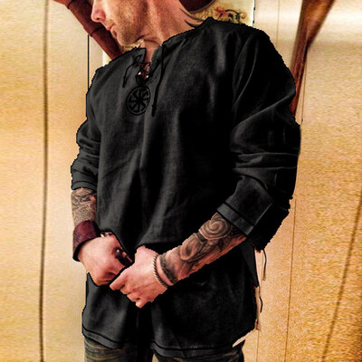 

Mens Tops Loose Cotton Shirt Casual Long Sleeve Solid Color Lace Up T-Shirts