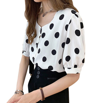 

Women Button Up Chiffon Basic Blouse Simple Loose Dot Print Shirt Square Collar Short Sleeve Blouse