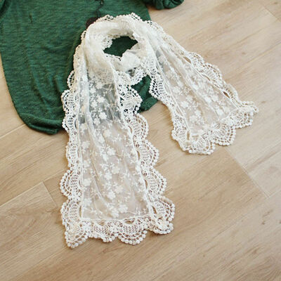 

Womens Lady Long Scarf Embroidery Floral Crochet Mesh Lace Trim Shawl Fashion