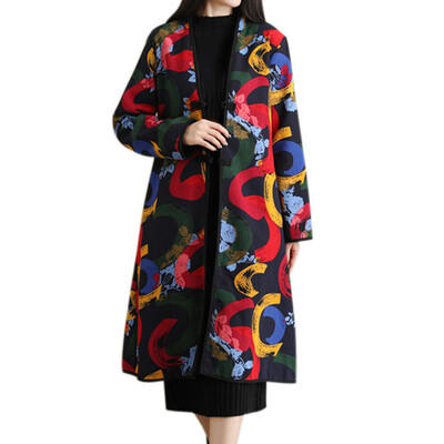 

Toponeto Women Folk-Custom Print Long Cotton Thick Jacket Parka Outwear Windbreaker Coat