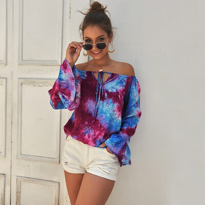 

Women One Word Collar Summer Sexy Printed Strapless Halter Lace Up Trumpet Sleeve Casual Loose Tops