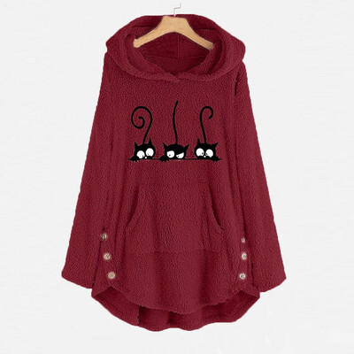 

Tailored Womens Fleece Cat Embroidery Plus Size Warm Hoodie Top Button Sweater Blouse