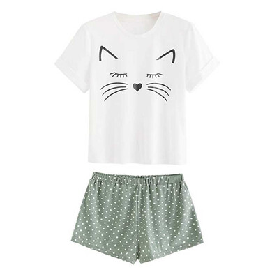 

Roseonmyhand Womens Casual Cat Shorts Short Sleeve Ruffled T-Shirt Sleepwear Nightwear Set