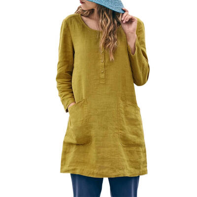 

Women Retro Cotton Linen Blouses Long Sleeve Loose Casual Solid Color Tops