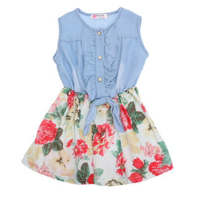

Girl Sleeveless Flower Denim Dress Toddler Bow Princess Party Skirts Sundre