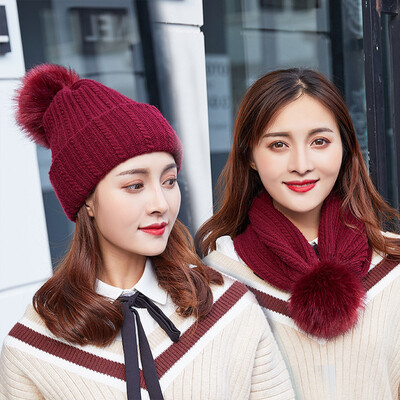 

Womens winter Korean version of the warm knitted hat hundred round neck double with a wool ball hat winter ear-guard hat hat