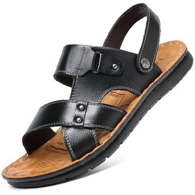 

Poitulas Mens first layer cowhide hand stitching sandals two users outside casual beach shoes men 7188 black 40