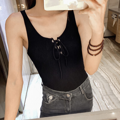 

Summer Women Elegant New Style Fashion Design U Neck Sleeveless Lace Up Solid Vest Knitted Tank Top Womens Sleeveless Tops