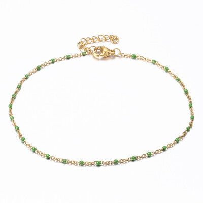 

304 Stainless Steel Cable Chain Anklets with Enamel Links Golden LawnGreen 9"230mm 15mm