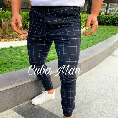 

Mens Urban Straight Leg Trousers Casual Pencil Jogger Cargo PlaidChecks Pants
