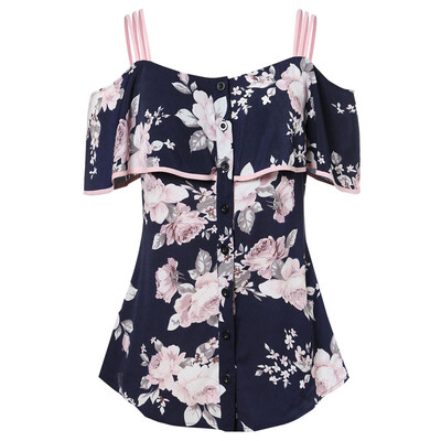 

Nomeni Women Summer Button Floral Printing Shirt Cold Shoulder Casual Tops Blouse