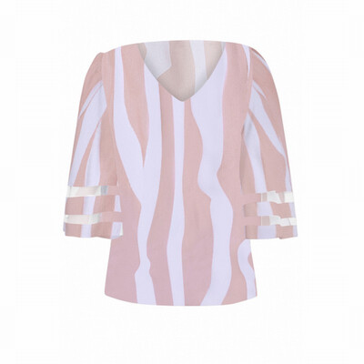 

Lace stitching shirt contrast color V-neck cropped sleeve loose shirt