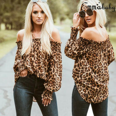 

Fashion Womens Off Shoulder Tops Long Sleeve Shirt Leopard Print Blouse T-shirt