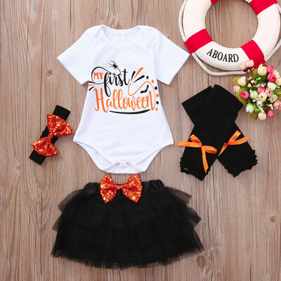 

4PC Newborn Baby Girl Leter Sequins Tops Romper Gauze Skirt Halloween Cloth Sets