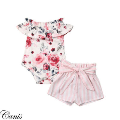 

US 2PCS Newborn Baby Girls Clothes Flower Off-Shoulder Tops Shorts Pants Outfit