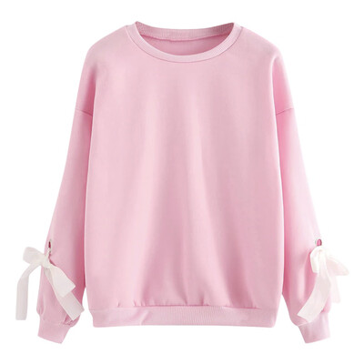 

Toponeto Womens Casual Round Neck Solid Color Lace Bow Long Sleeve Pullover Sweatshirt